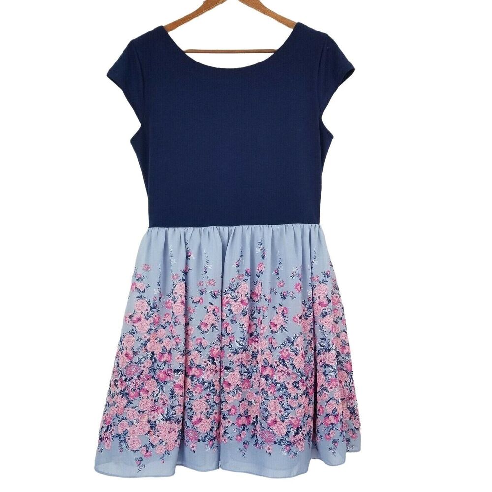 Teeze Me Dress Juniors 13 Navy Blue Floral Round Neck Short Sleeve Spring Summer
